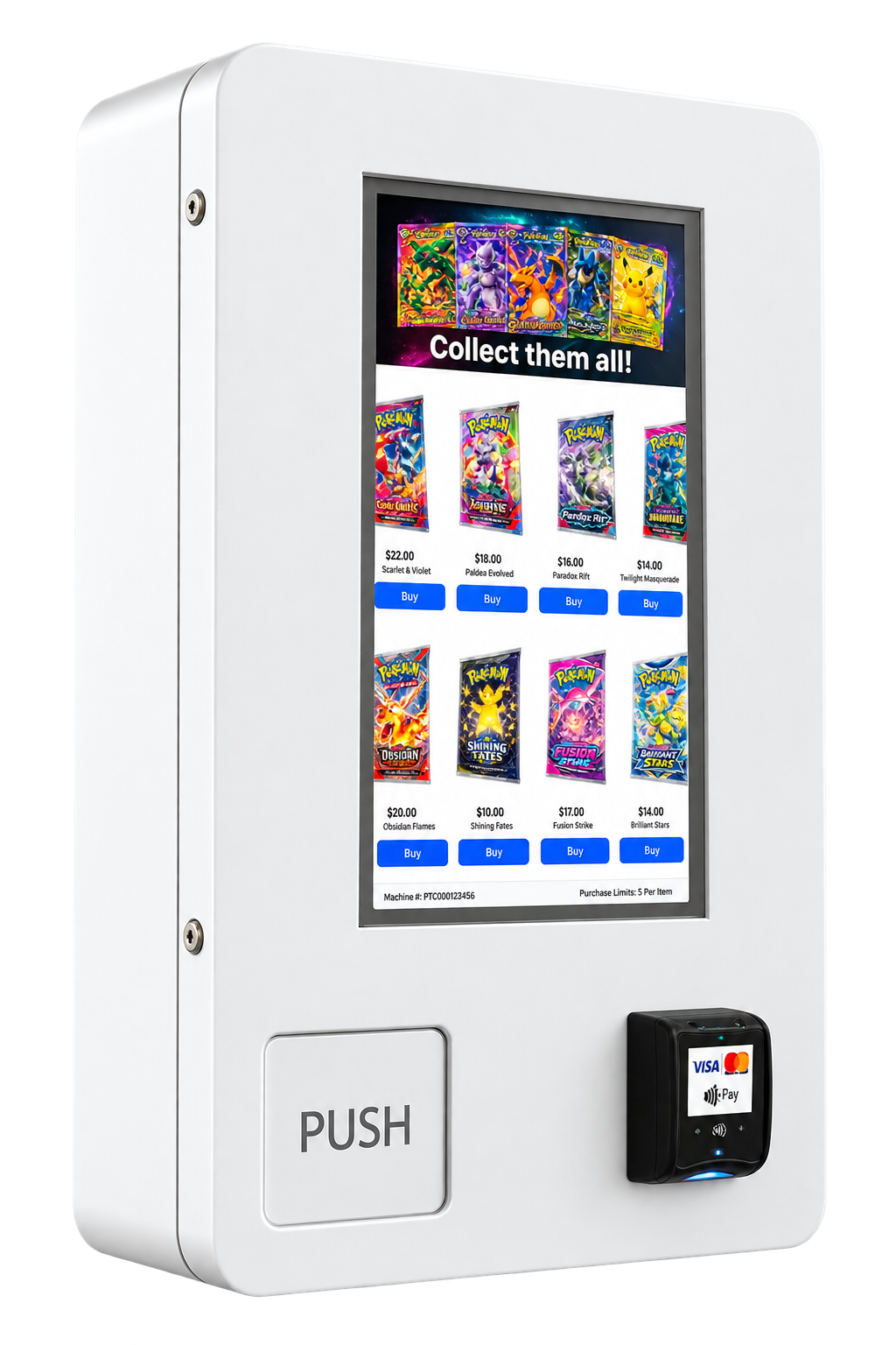 The MZ Automated Retail wall-mounted vending machine, with a touchscreen product menu and a contactless card reader